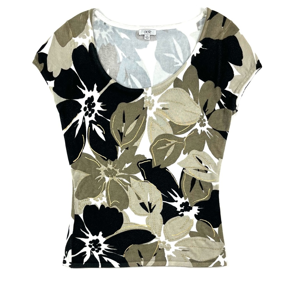 Cache Floral Beaded Short Sleeve Sweater